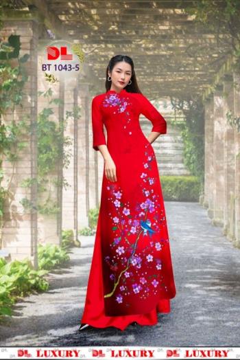 MẪU IN ÁO DÀI BT1043-5 HOA ĐÀO ĐỎ